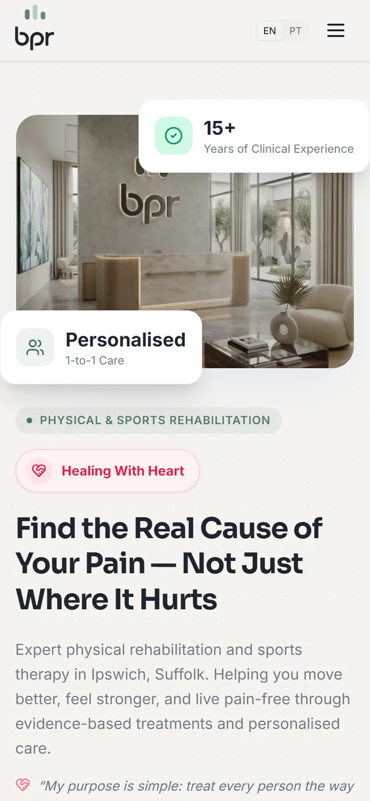 BPR Physical Rehabilitation — the same site on a phone