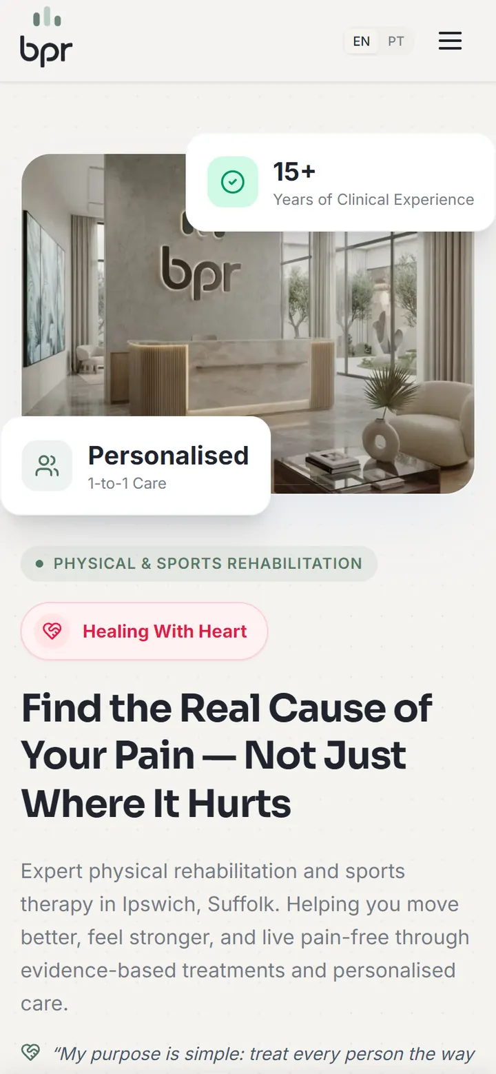 BPR Physical Rehabilitation — the same site on a phone